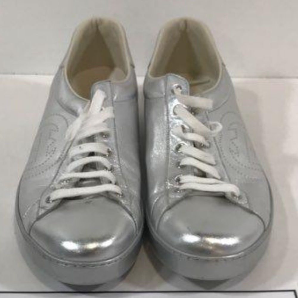 Men’s Authentic Gucci Interlocking G Leather Silver Lace Up Sneakers Size 15 - Picture 3 of 8